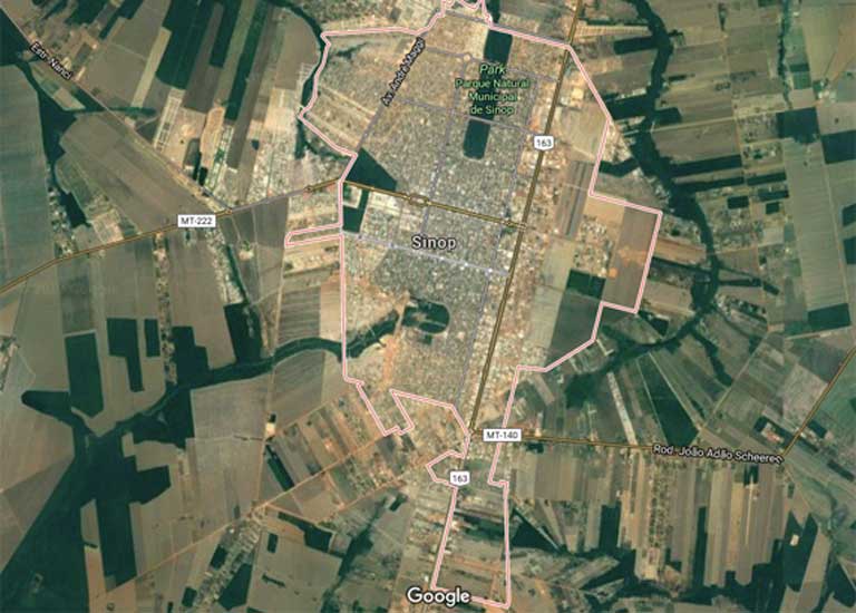 A satellite image of Sinop today, showing surrounding agricultural lands. Image courtesy of Google Maps.