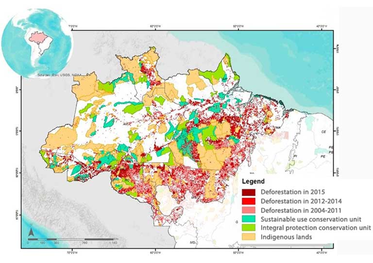 Map showing deforestation from 2004 to 2015 in Legal Amazonia, a vast region designated by the Brazilian government. Note how deforestation was prevented from spreading by the barrier created by conservation units and indigenous reserves. Source: ISA/Prodes-Inpe