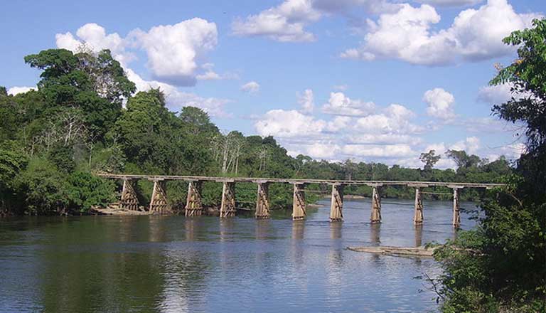 A bridge over the Jamanxim River near Novo Progresso in Pará state. Transportation infrastructure improvements in the Amazon provide easier access to the surrounding forest, attracting land thieves who cut trees on federal land, often to make way for cattle ranching, a very lucrative business. Photo: Guto.1992 under the terms of the GNU Free Documentation License, Version 1.2