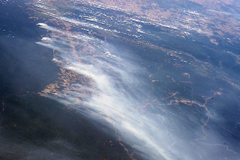Fires lit intentionally to clear land for agriculture along the BR-163 highway in 2014, a process that reveals red-brown soils. A long line of newly cleared agricultural patches snakes east from BR-163 toward the remote Rio Crepori Valley. Extensive deforested areas in Brazil’s Mato Grosso state appear in tan at the top of the image. The fires show the advance of deforestation into Pará state, now second after Mato Grosso in terms of deforestation acreage. Photo and analysis courtesy of NASA