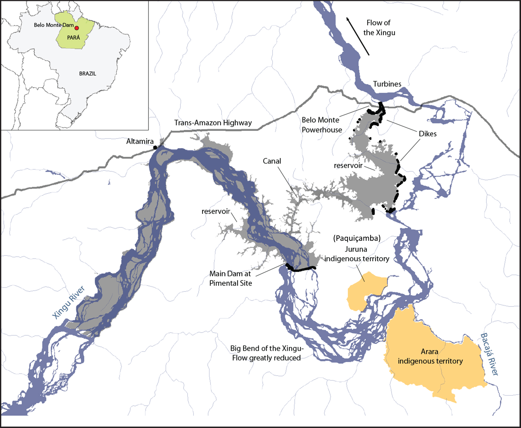 Belo Monte area, Brazil. Map by International Rivers, adapted by Marilene Cardoso Ribeiro