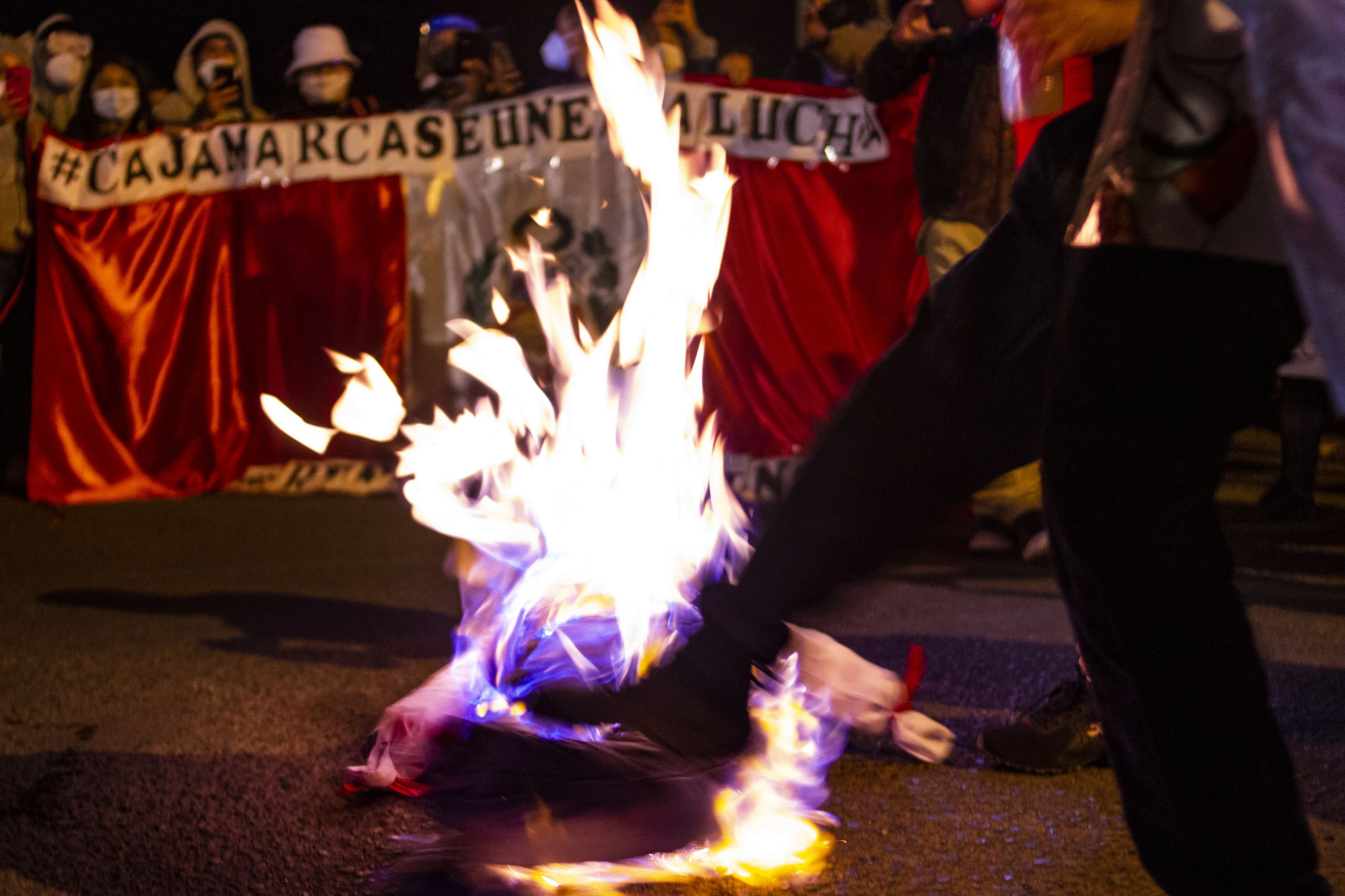 Cajamarca on fire: people in Cajamarca burned a puppet with interim president Merino’s head on it, representing the corrupted political landscape in Peru. Photo: Irma Cabrera Abanto / @irma.cabrera.abanto