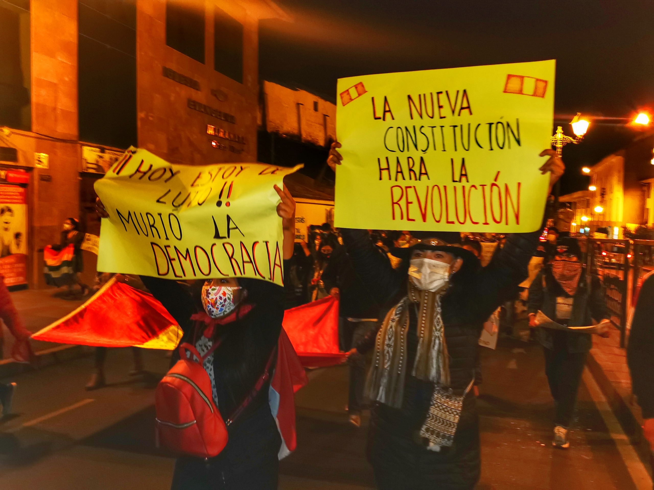 Sign #1: “Today I am mourning! Democracy has died“ / Sign #2: The new constitution will make the revolution” Photo: Diamira Daza Valenzuela