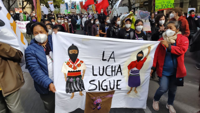 Members of the Zapatista delegation, the National Indigenous Congress and the Peoples’ Front for the Defense of Land and Water Morelos, Puebla and Tlaxcala, marching in the streets of Vienna. Photo credit: Guilhotina Info