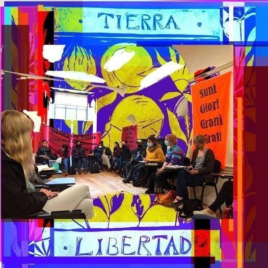 Zapatistas meeting members of different collectives and campaigns in Galway, Ireland. Artwork by @RumpusX based on a lino print by @cenza_v. Credit:@Zapsgoheirinn