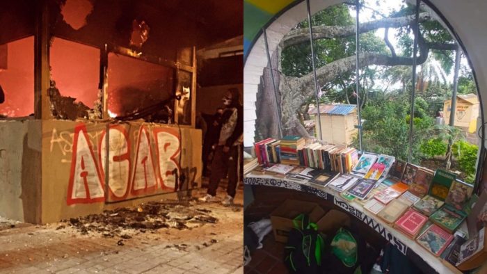 CAI in La Serena, Cali, burning and vandalized. Image: Mulan/Twitter. CAI Metropolitano del Norte in Cali repurposed as a community library. Image: MatProfe Juan Payan/Twitter