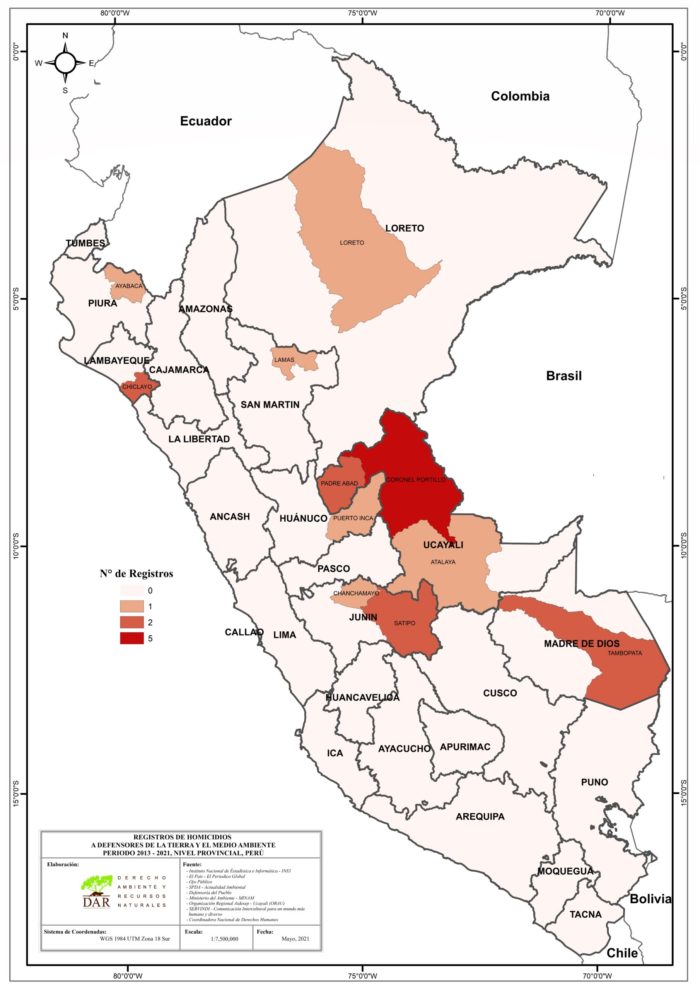 Map of killings of environmental defenders, Peru