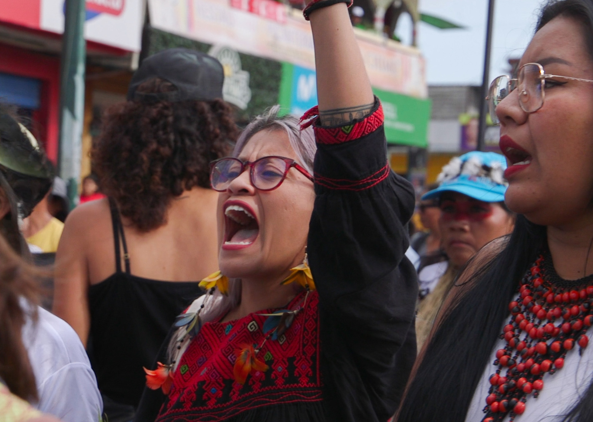 Guatemalan activist and Indigenous coordinator within BILM Lucía Ixchíu marches in Tena