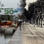 Flooded street in Belém in 2024 and Avenida Generalíssimo Deodoro with its electric tram system, early 20th century. Photos: Oswaldo Forte/Amazônia Latitude; unknown author/public domain.