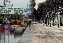 Flooded street in Belém in 2024 and Avenida Generalíssimo Deodoro with its electric tram system, early 20th century. Photos: Oswaldo Forte/Amazônia Latitude; unknown author/public domain.