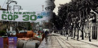 Brazil: Two Beléms Flooded street in Belém in 2024 and Avenida Generalíssimo Deodoro with its electric tram system, early 20th century. Photos: Oswaldo Forte/Amazônia Latitude; unknown author/public domain.