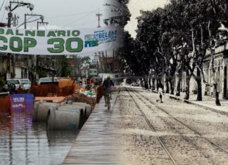 Flooded street in Belém in 2024 and Avenida Generalíssimo Deodoro with its electric tram system, early 20th century. Photos: Oswaldo Forte/Amazônia Latitude; unknown author/public domain.