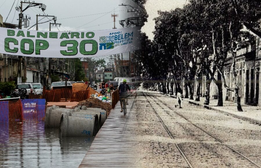 Flooded street in Belém in 2024 and Avenida Generalíssimo Deodoro with its electric tram system, early 20th century. Photos: Oswaldo Forte/Amazônia Latitude; unknown author/public domain.