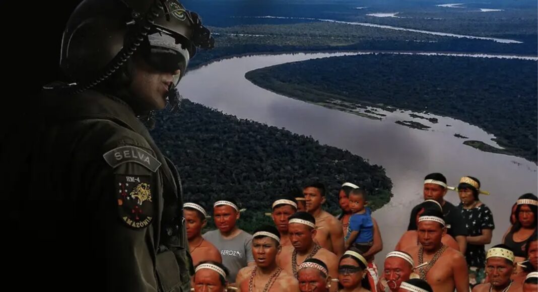 Photomontage combining a helmeted soldier, a winding river through rainforest, and a group of Indigenous people.