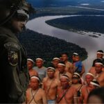 Photomontage combining a helmeted soldier, a winding river through rainforest, and a group of Indigenous people.