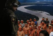 Photomontage combining a helmeted soldier, a winding river through rainforest, and a group of Indigenous people.