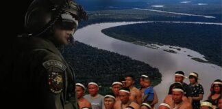 Photomontage combining a helmeted soldier, a winding river through rainforest, and a group of Indigenous people.