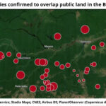 Brazil: The Amazon for sale online Satellite map of the Brazilian Amazon with red circles marking advertised properties confirmed to overlap public land; larger circles represent larger properties.